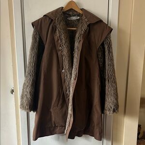 Vintage Givenchy Nouvelle Boutique Paris Brown Trench Coat with Faux-Fur S / M